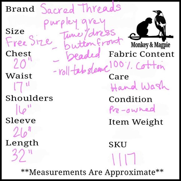 Sacred Threads Womens Free Size Grey Tunic Beaded Button Front Missing 2 Buttons - Picture 8 of 8